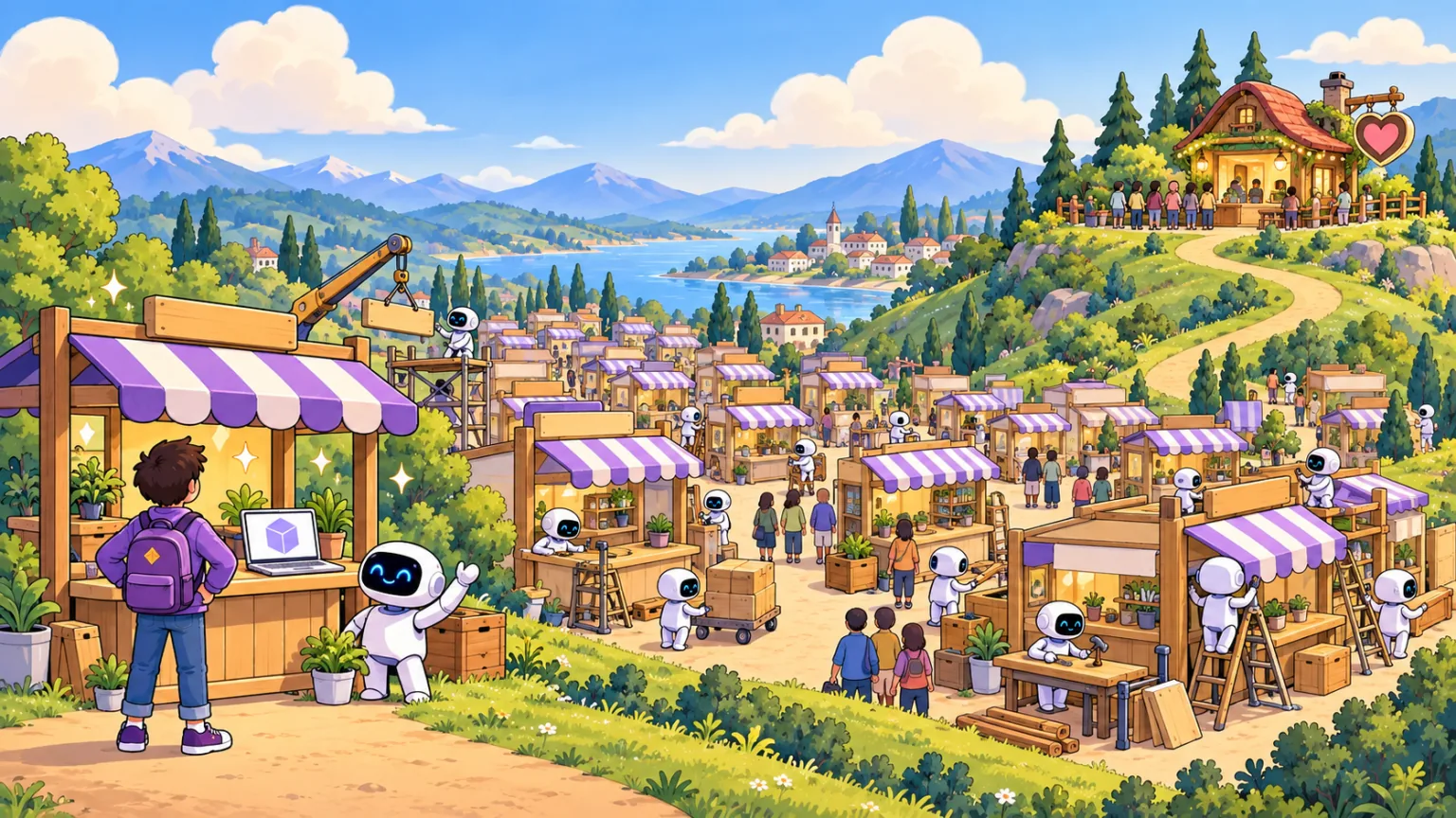 A founder and a small robot set up a new shop in minutes, on a street crowded with similar shops built by robots; far away, customers gather around one distinctive shop.