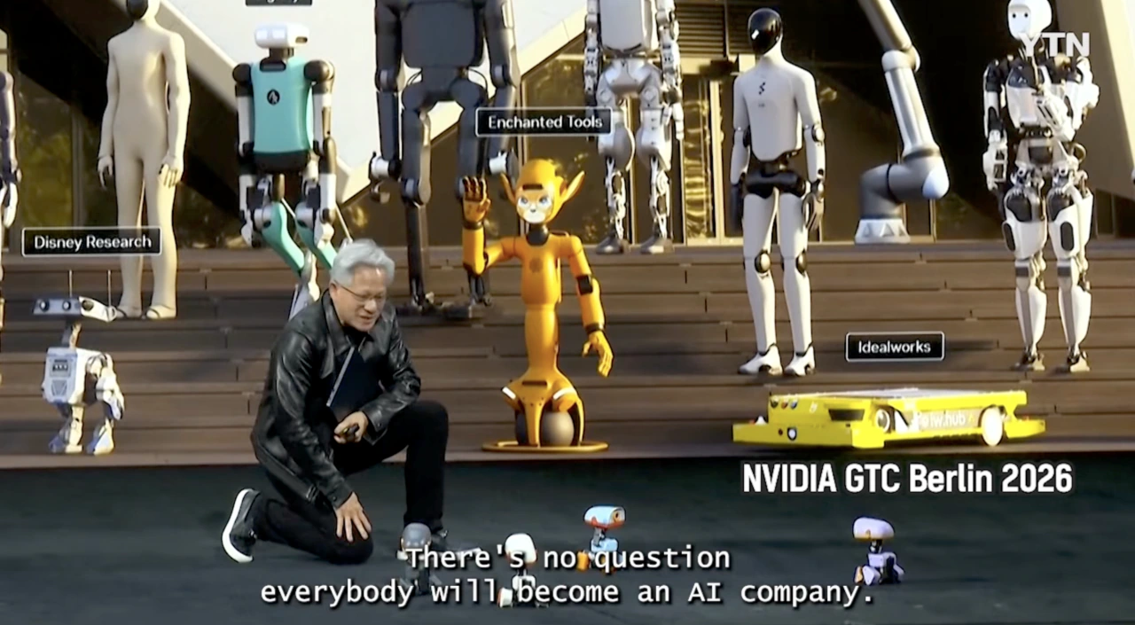 Jensen Huang kneeling in front of robots on the NVIDIA GTC Berlin 2026 stage, with the subtitle “There’s no question everybody will become an AI company.”