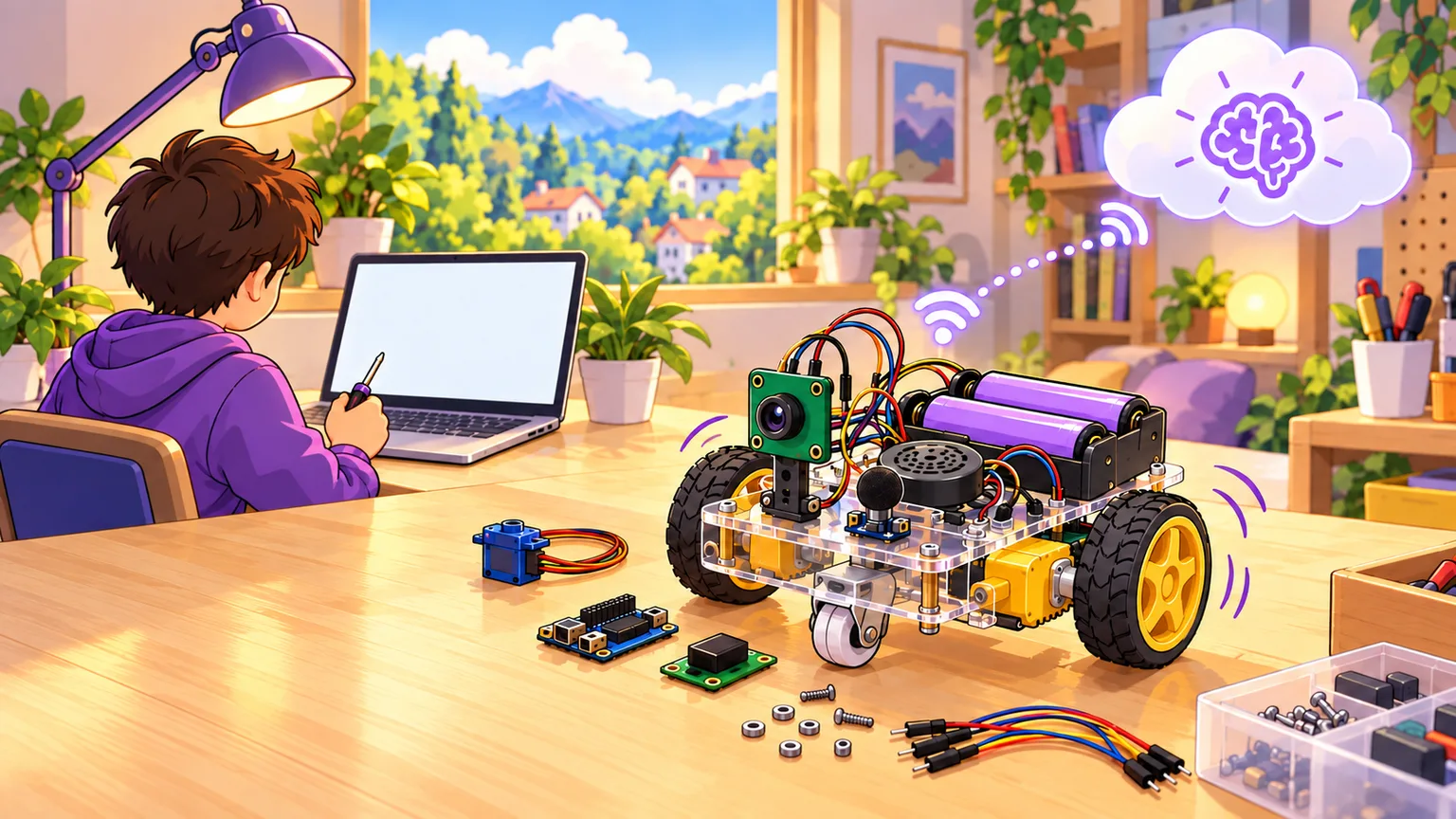 A maker at a desk building a small robot car with a camera, microphone, speaker and wheels, wirelessly linked to an AI brain in a cloud