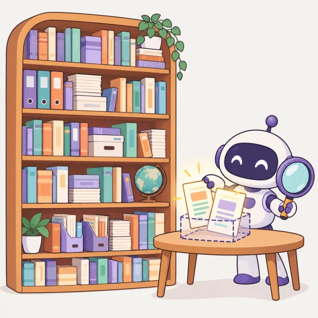 虫めがねを持った小さなロボットが、いっぱいの本棚から光るページを2枚だけ取り出して、机の上の小さな箱に入れている