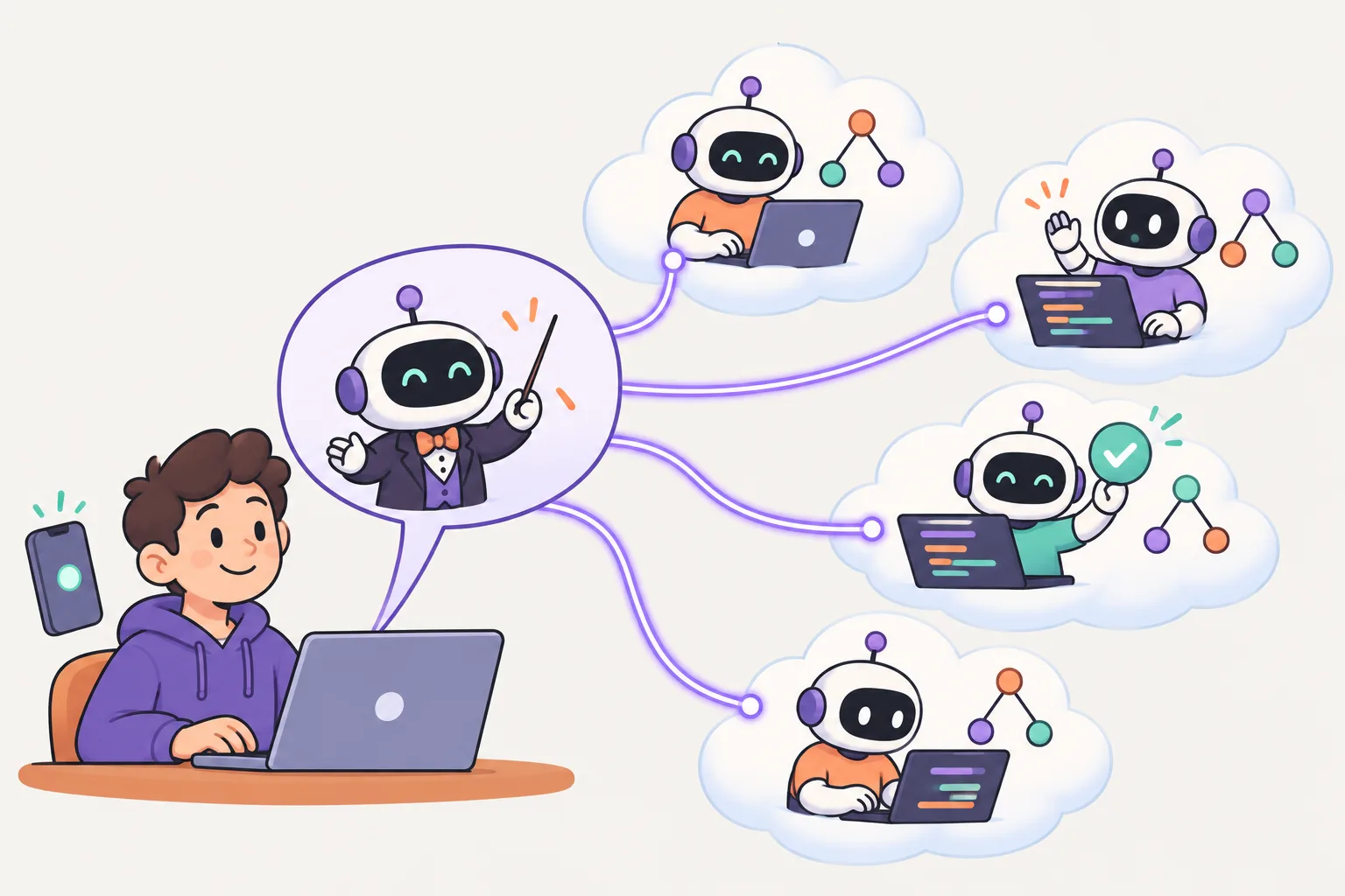 ノートパソコンに向かう開発者と大きな会話の吹き出し。その中の小さな指揮者ロボットが光るケーブルで4つの雲に仕事を送り、雲ごとにロボットが同時に忙しく働いている