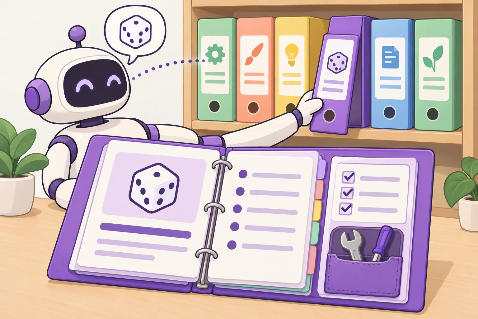 A shelf of colourful binders. One is open, showing a cover with an icon and a few lines, pages of dotted steps, a checklist and a small toolbox clipped inside. A robot reads the covers and pulls out the binder that matches a dice icon in a speech bubble.